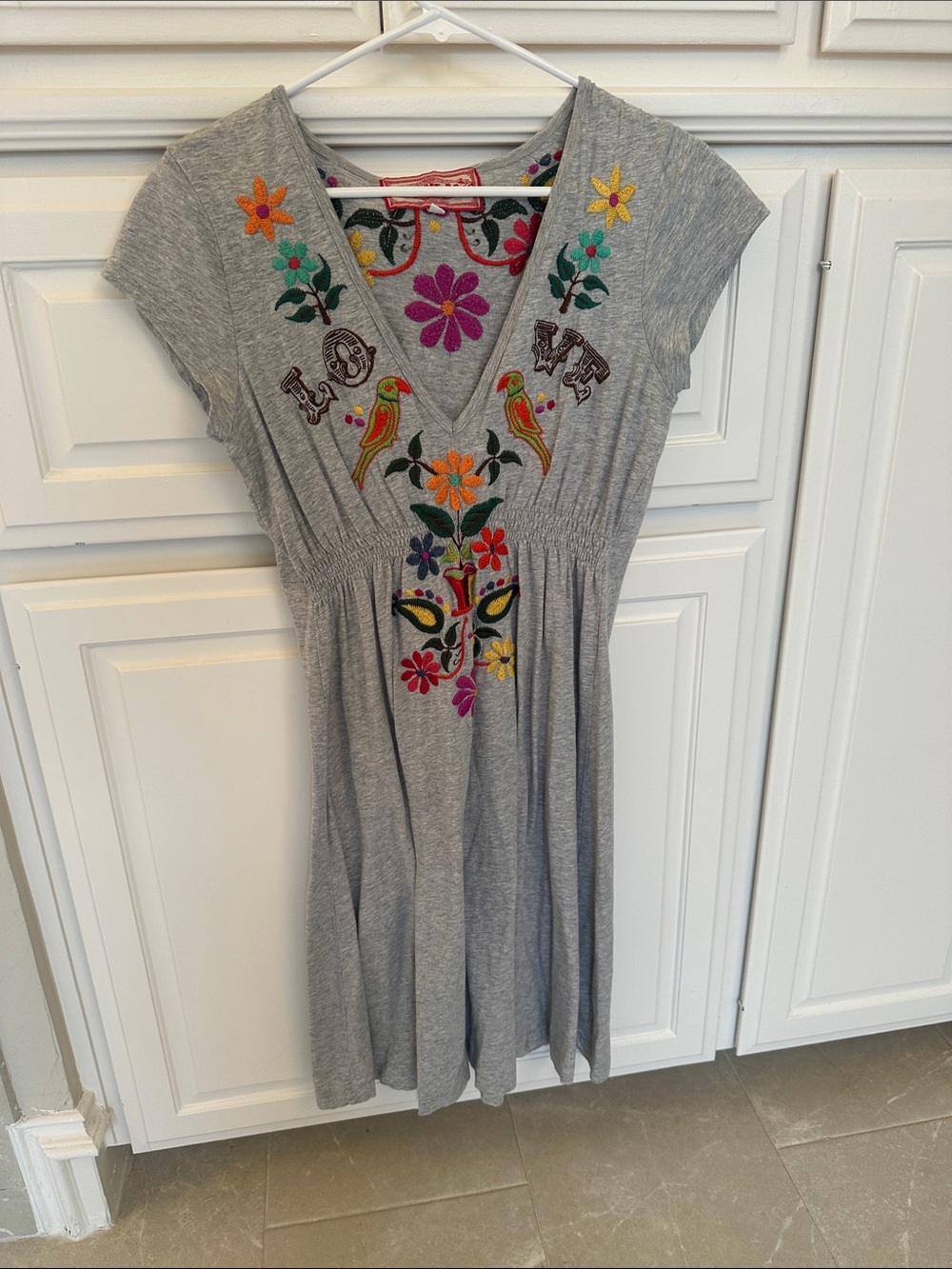 Johnny Was Gray Embroidered Mini Dress with Multicolor Floral & Bird Motif